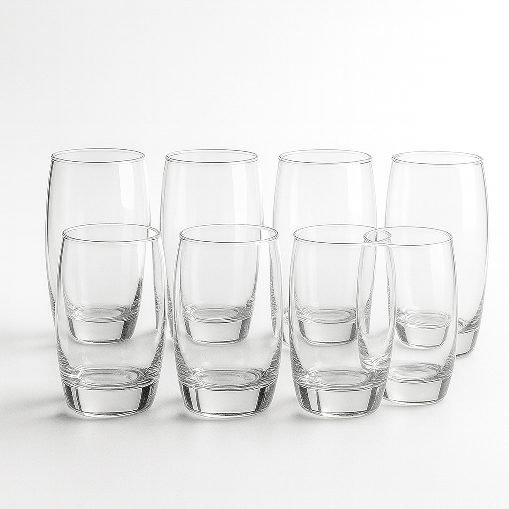 Glassware Set of 8 - Heavy Base, Clear